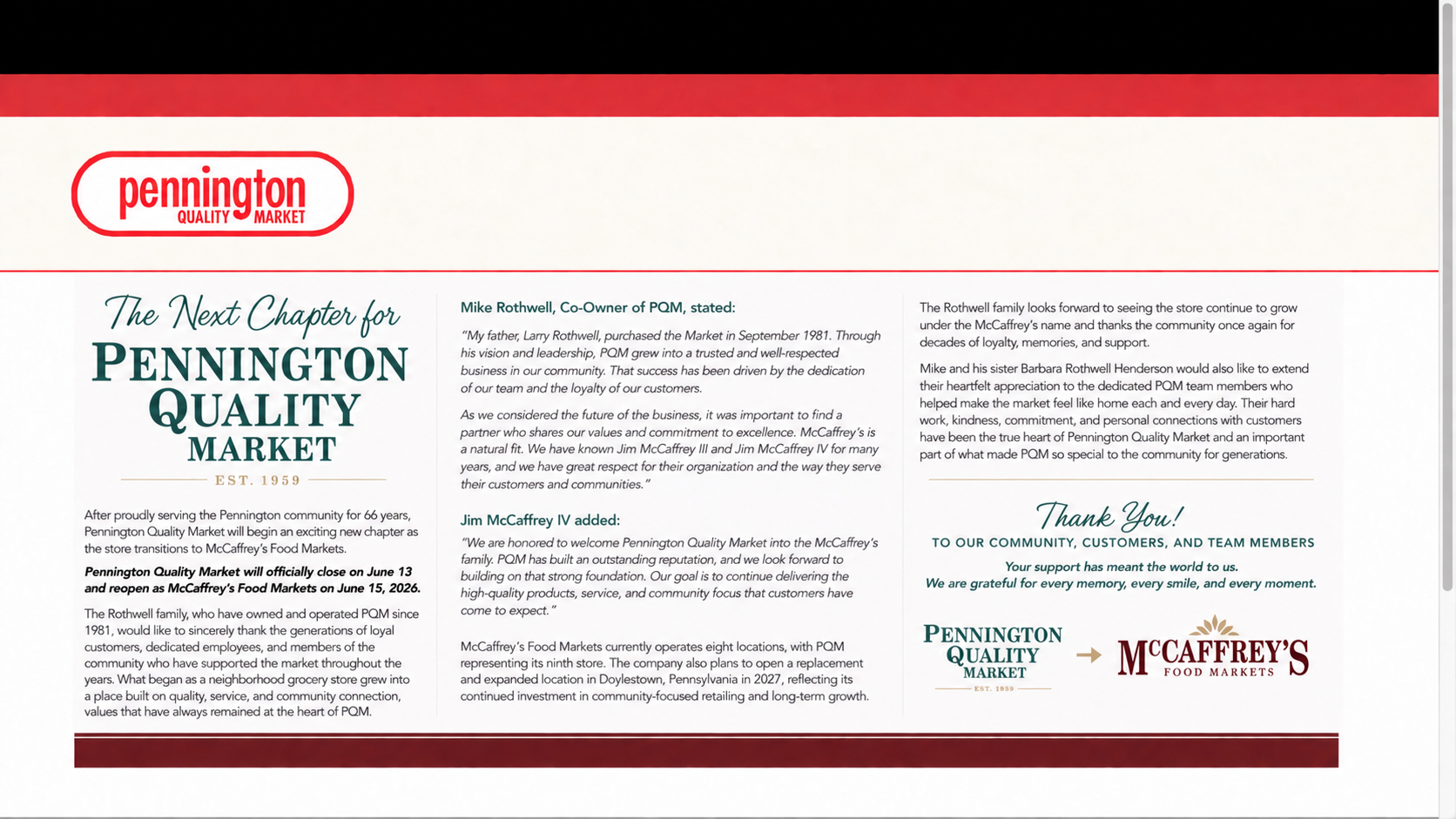 Pennington Quality Market transition announcement